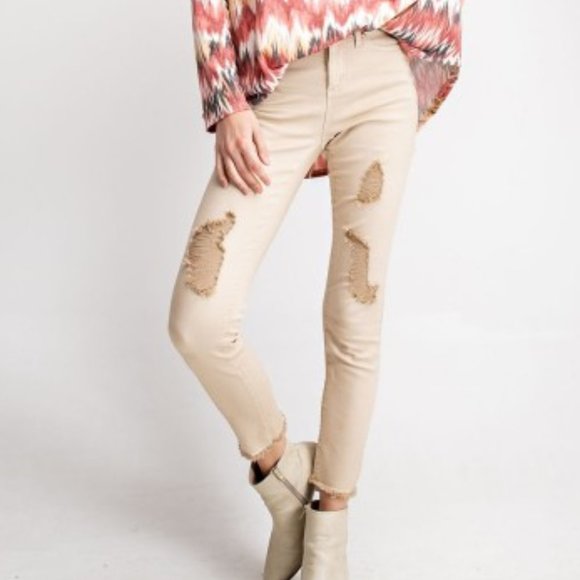 Light Khaki Distressed skinny pants - Picture 1 of 5